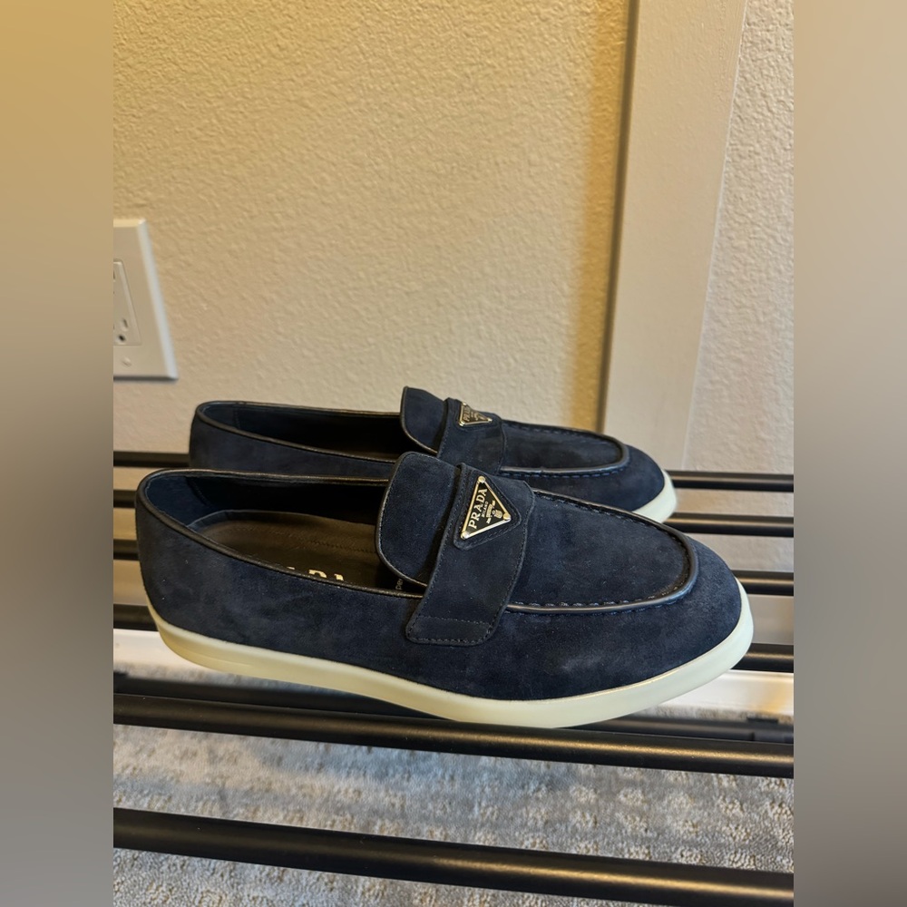 Prada Navy Suede Slip-On Loafers with Cream Platform Soles - Picture 6 of 7